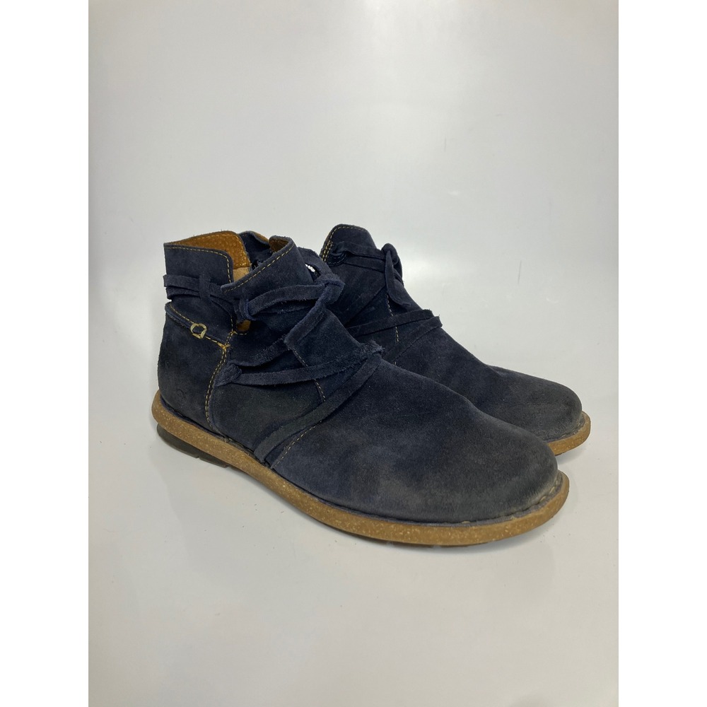 Born Suede Ankle Boots Womens 9 Navy Blue Good Side Zip Wrap Lace Flat Booties - Picture 3 of 8